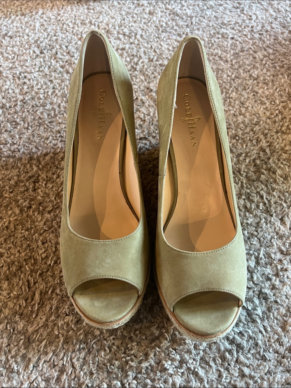 Cole Haan Olive Suede Peep-Toe Pumps